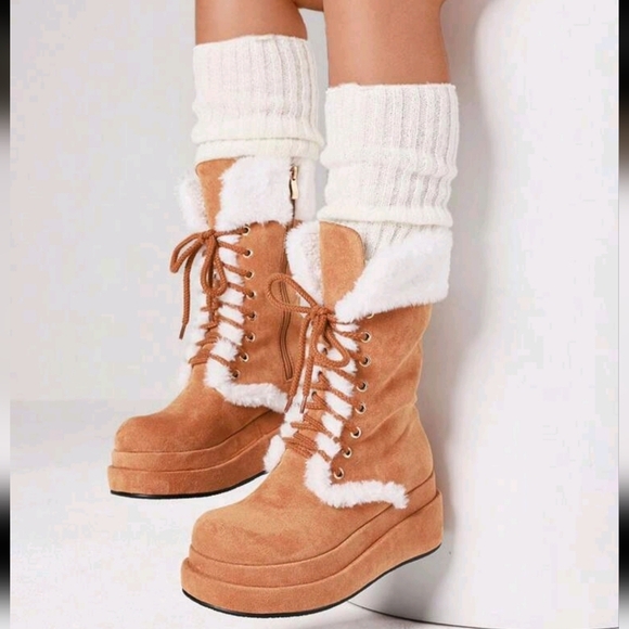 Women Winter Warm Faux Fur Snow Fluffy Mid Calf Boots Sweet Cute Furry Thick
